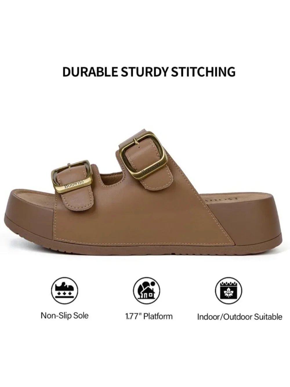 Women's Brown Genuine Leather Slide Buckle Slip on Beach Platform Sandal Shoes